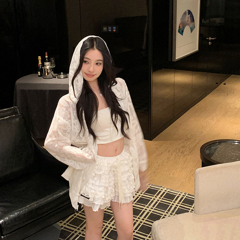 Cross-border Factory Foreign Trade Holiday Style Thin Lace Cardigan Hooded Jacket Women's Loose Casual Sun Protection Top Summer