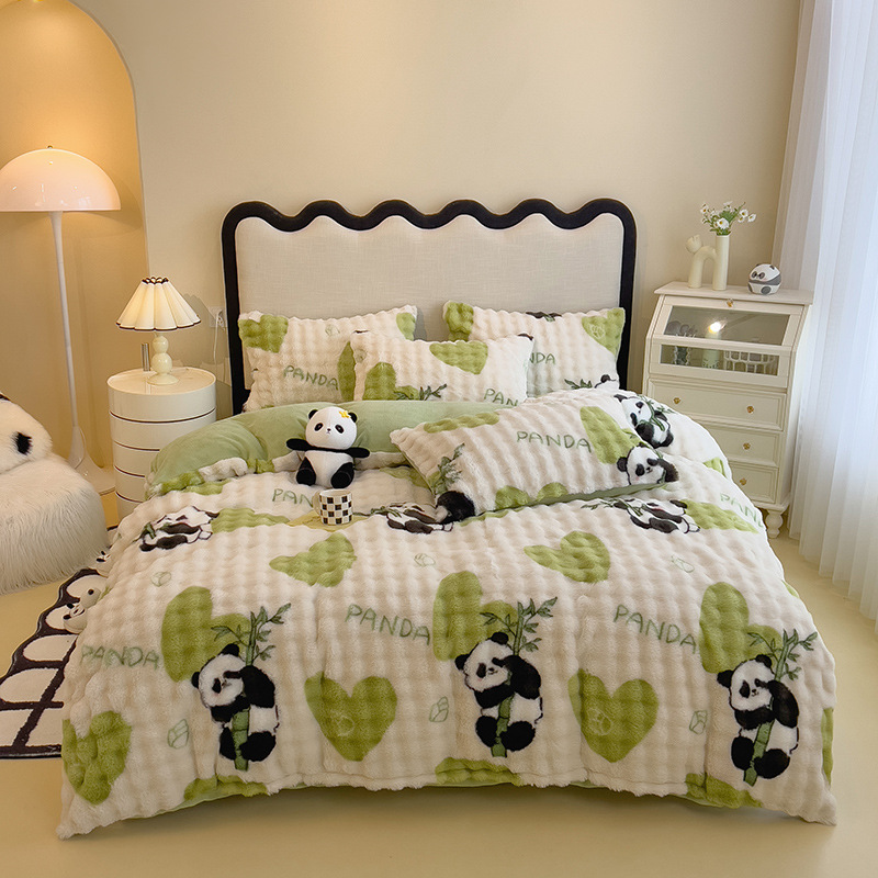 Rabbit plush bed four-piece set thickened milk plush quilt cover bed sheet three-piece set winter bedding_voghion.com