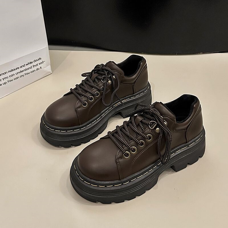 College-Style Lace-Up Leather Shoes for Women 2024 Spring and Autumn New Thick-Soled Brown Loafers British Style Casual Shoes