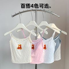 夏季新款人棉小熊印花吊帶背心女帶胸墊清新甜美內搭修身打底上衣