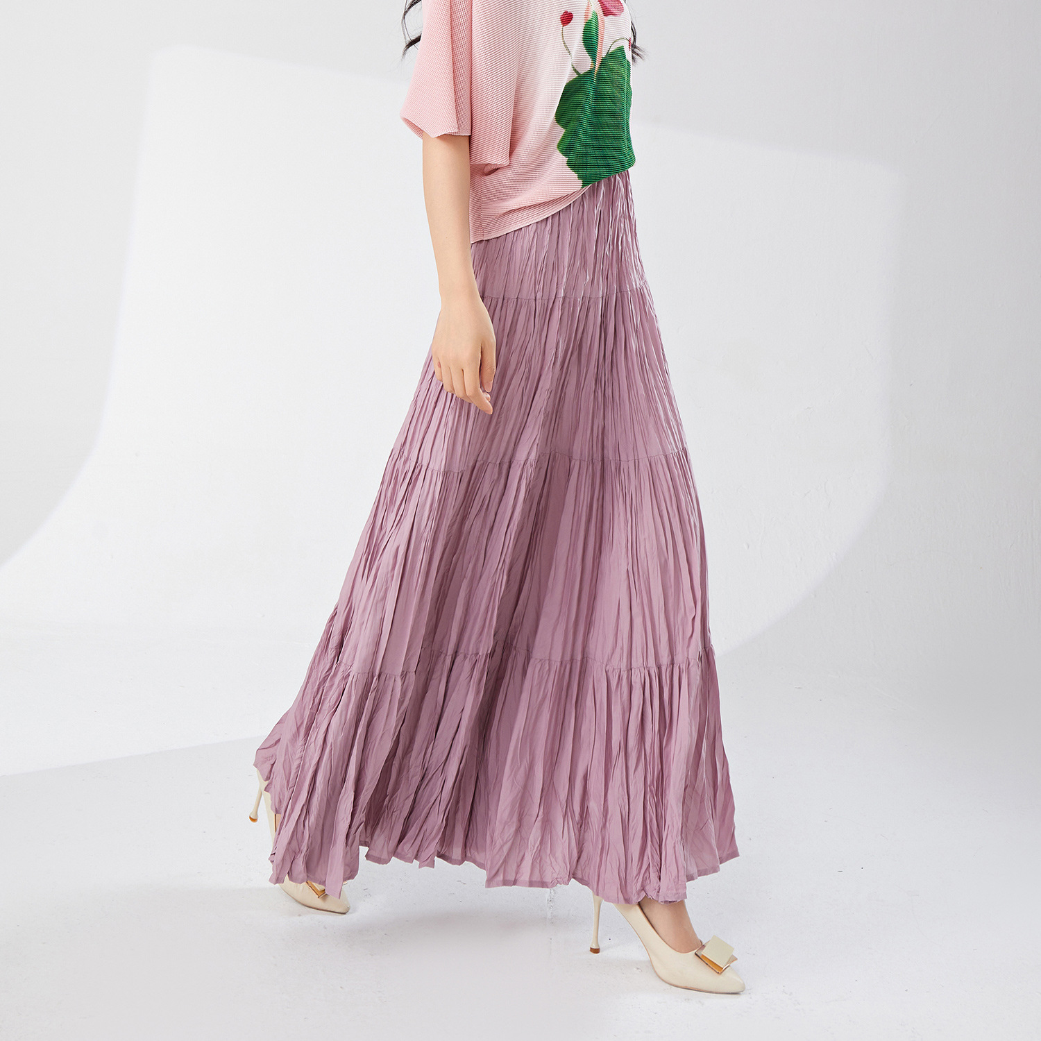 Solid color elegant long summer pleated skirt