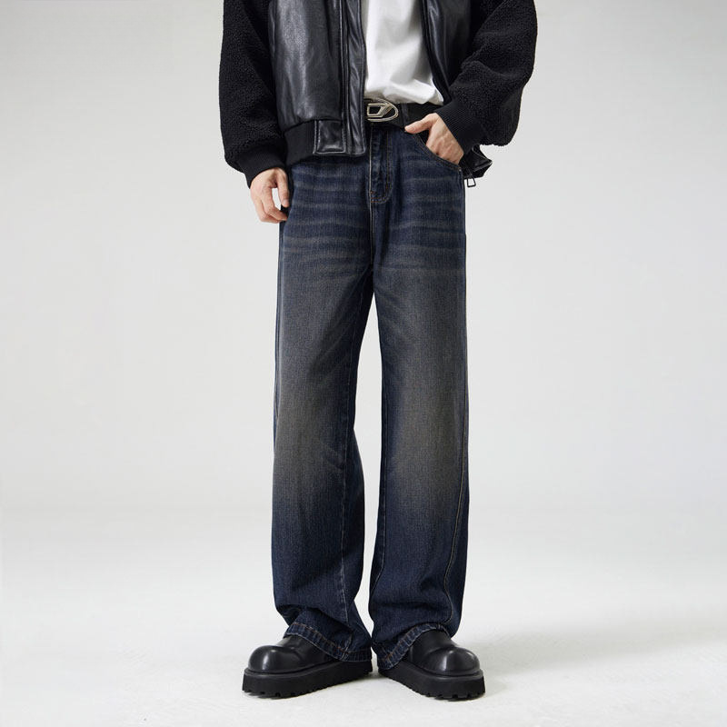 New American-Style Versatile Whiskered Casual High-End Indigo Blue Washed Straight-Leg A-Line Wide-Leg Jeans Trendy