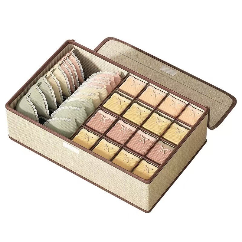 綿麻下着収納ボックス蓋付き家庭用下着靴下収納ボックス布芸分格三合一ブラジャー整理ボックス|undefined