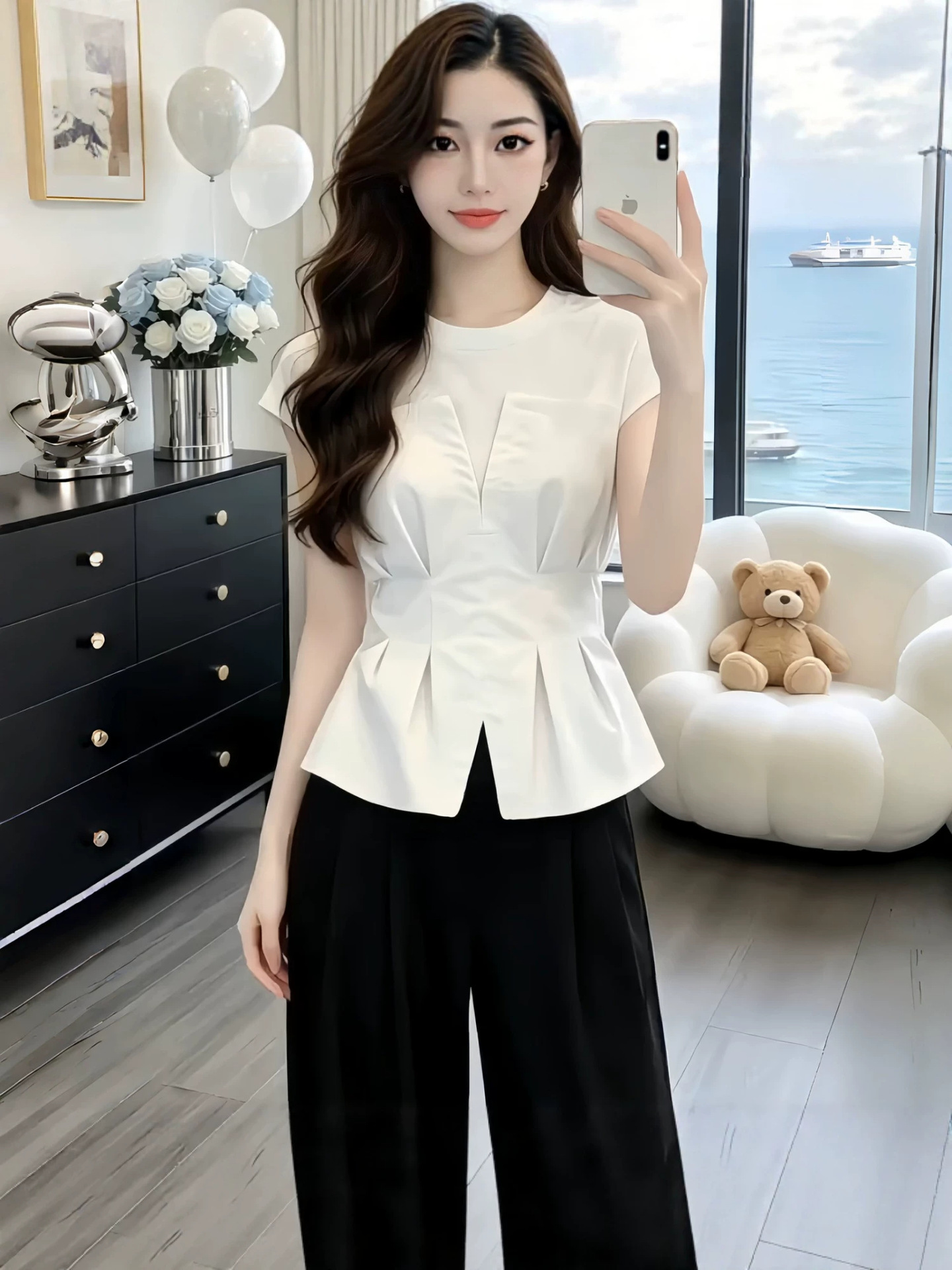 Áo sơ mi ngắn tay nữ phối mảnh thiết kế eo thon — màu trắng