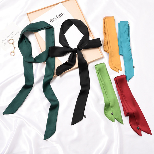 Korean version of narrow solid color long small silk scarf for women to tie bags and streamers Korean small scarf scarf spring and summer belt