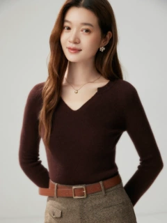韩系博主 小V领羊绒打底衫女 抽条紧身微喇长袖针织衫针织衫毛衣