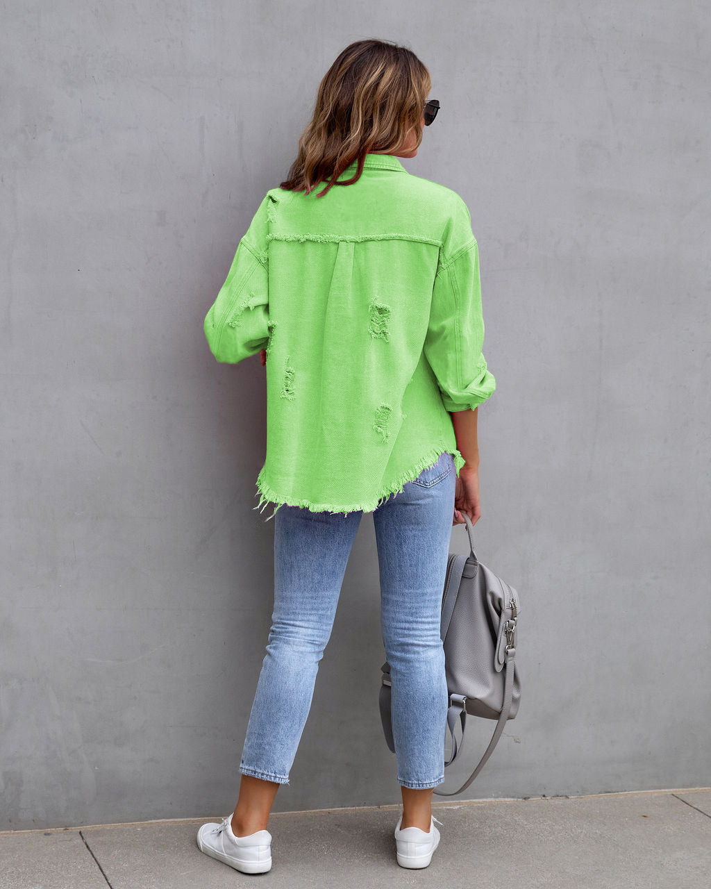 Giacca di jeans donna con volant strappata bavero manica lunga_voghion.com