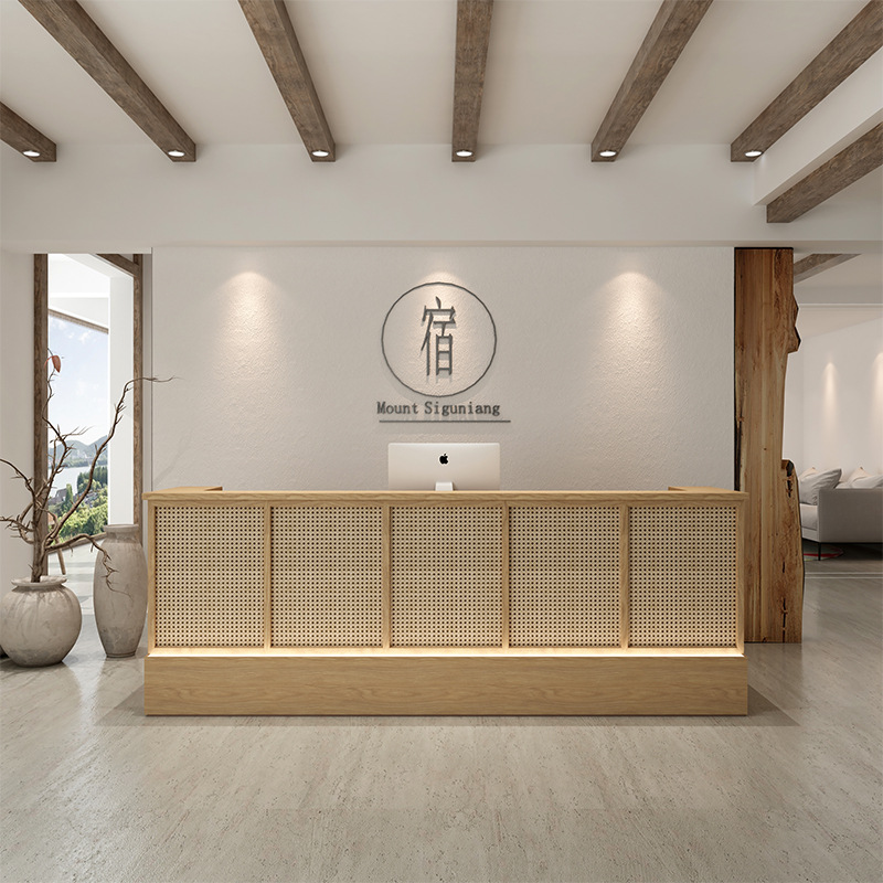 民宿前台接待台藤编侘寂风吧台收银台服装店柜台日韩餐饮店吧台桌