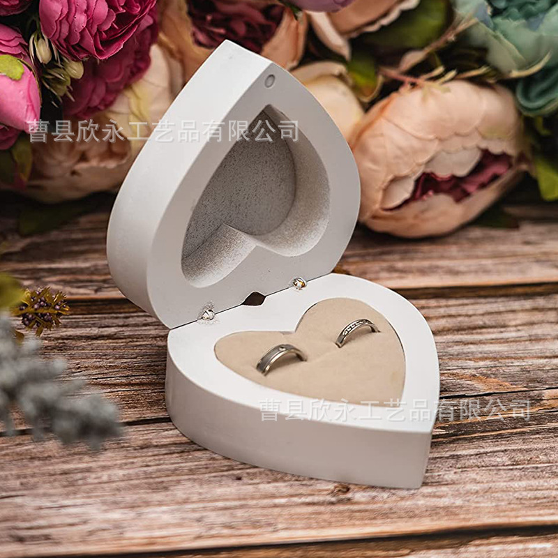 木质白色戒指木盒翻盖包装木盒简约心形戒指饰品珠宝盒结婚对戒盒
