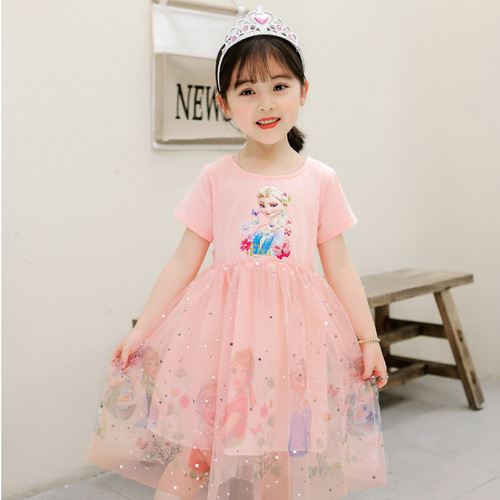 Children's Girls Dress Summer 2024 New Elsa Princess Dress Elsa Princess Dress Short Sleeve Puff Dress Performance Costume