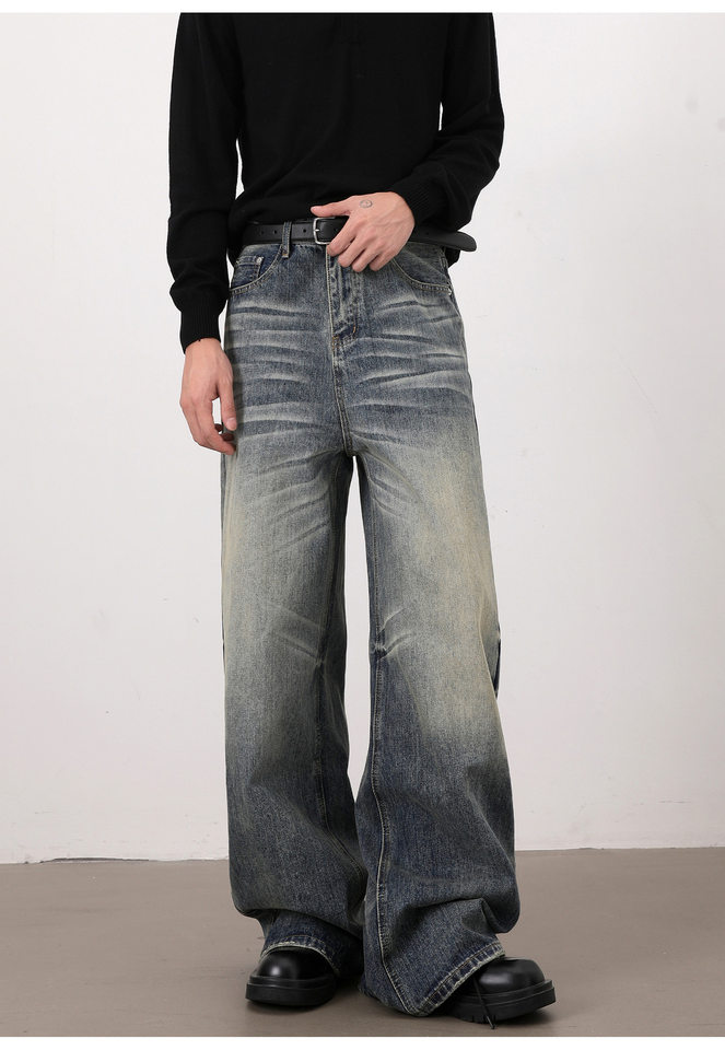 Quần jeans nam dáng chữ A ống rộng phong cách retro, râu mèo nổi, lưng vừa, dài ống suông — Màu xanh dương chi tiết 10