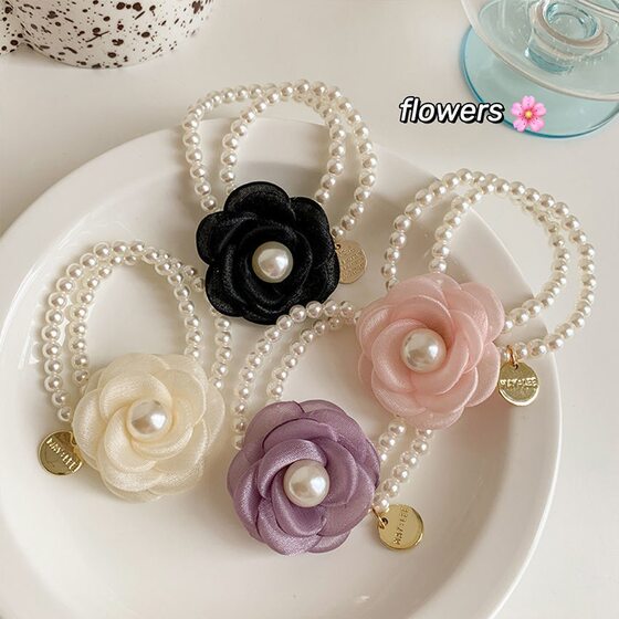 Black and White Camellia Pearl Hair Ring Girl's Bracelet Two-Wear Small Fresh Flower Hair Rope High-Grade Hair Rope Women's Hair Rope