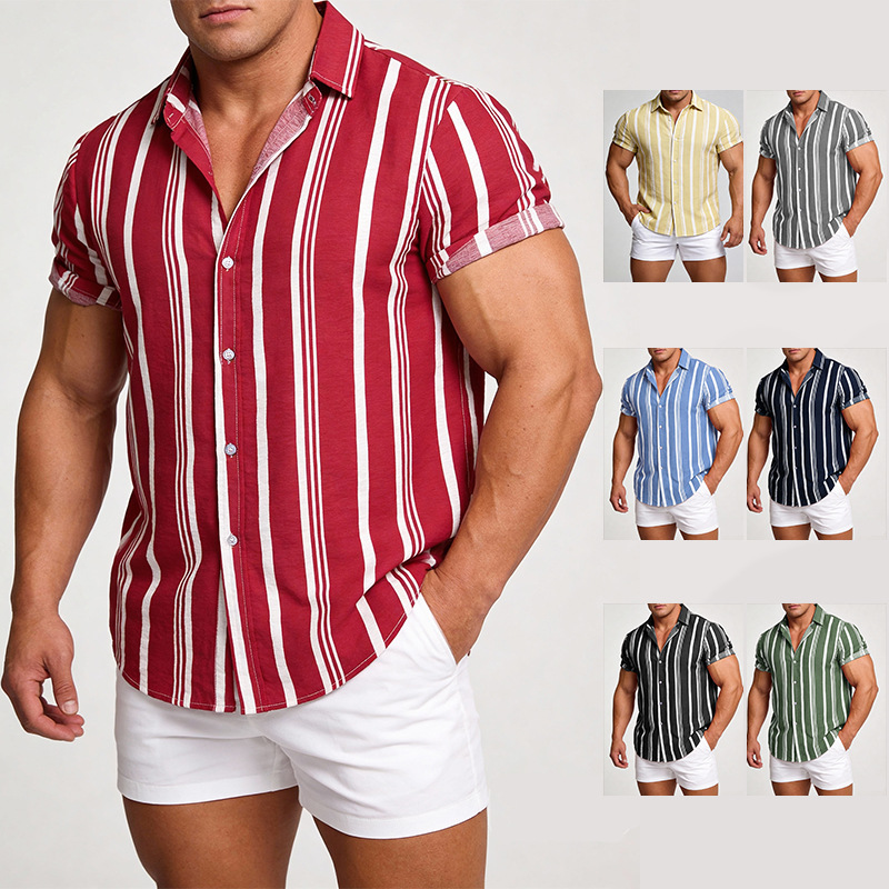 Ropa Masculina Transfronteriza, Primavera-Verano 2026, Nuevas Camisas para Hombre, Camisas Casuales de Manga Corta con Estampado de Rayas para Hombre