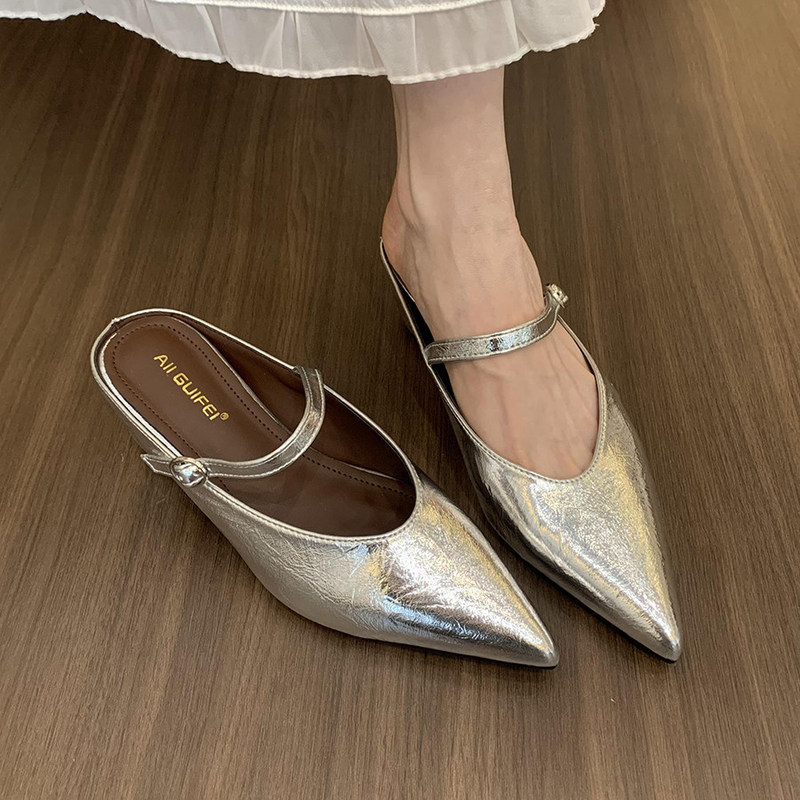 Chunky Heel Thick-Soled Pointed-Toe Mary Jane Silver Shoes for Women, 2026 Spring/Summer New French-Style Elegant Closed-Toe Mules Chunky Heel Thick-Soled Pointed-Toe Mary Jane Silver Shoes for Women, 2026 Spring/Summer New French-Style Elegant Closed-Toe Mules