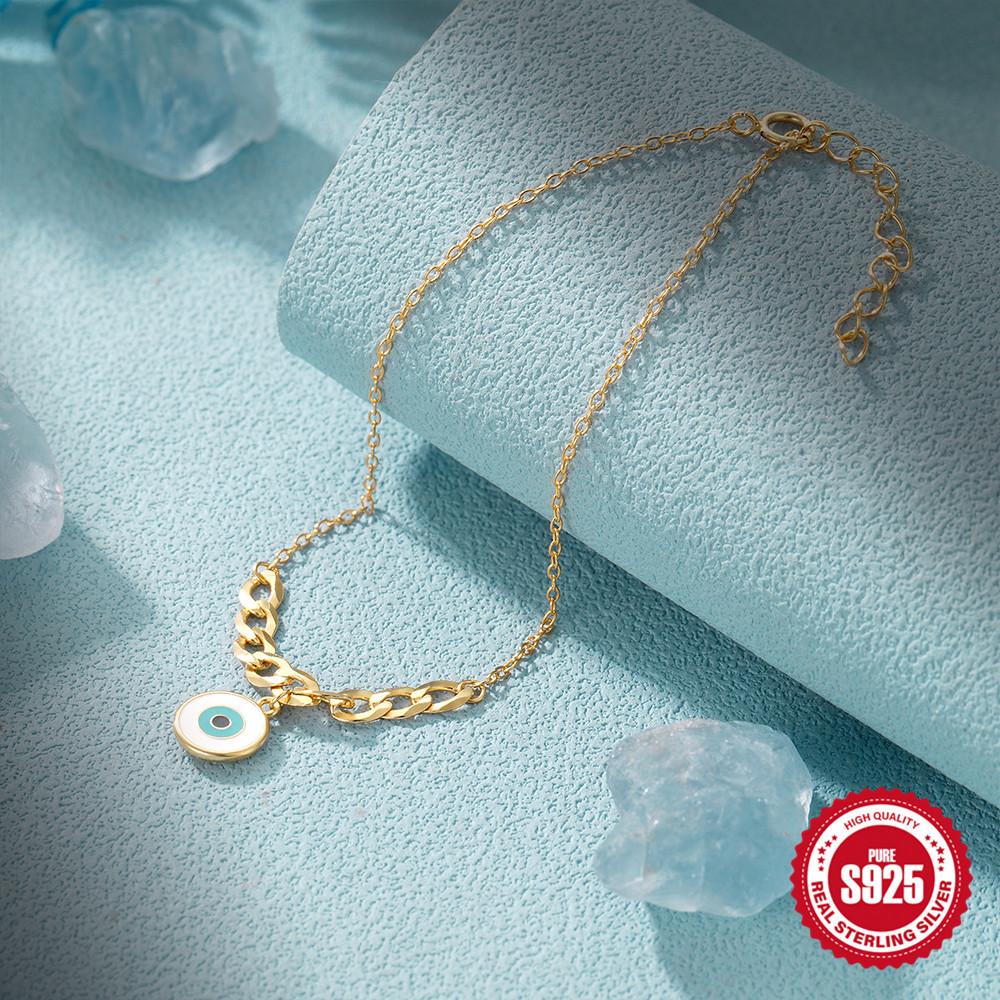 Moda europea y americana S925 plata esterlina simple cadena cubana del diablo ojo gota pulsera vintage imitación turquesa pulsera