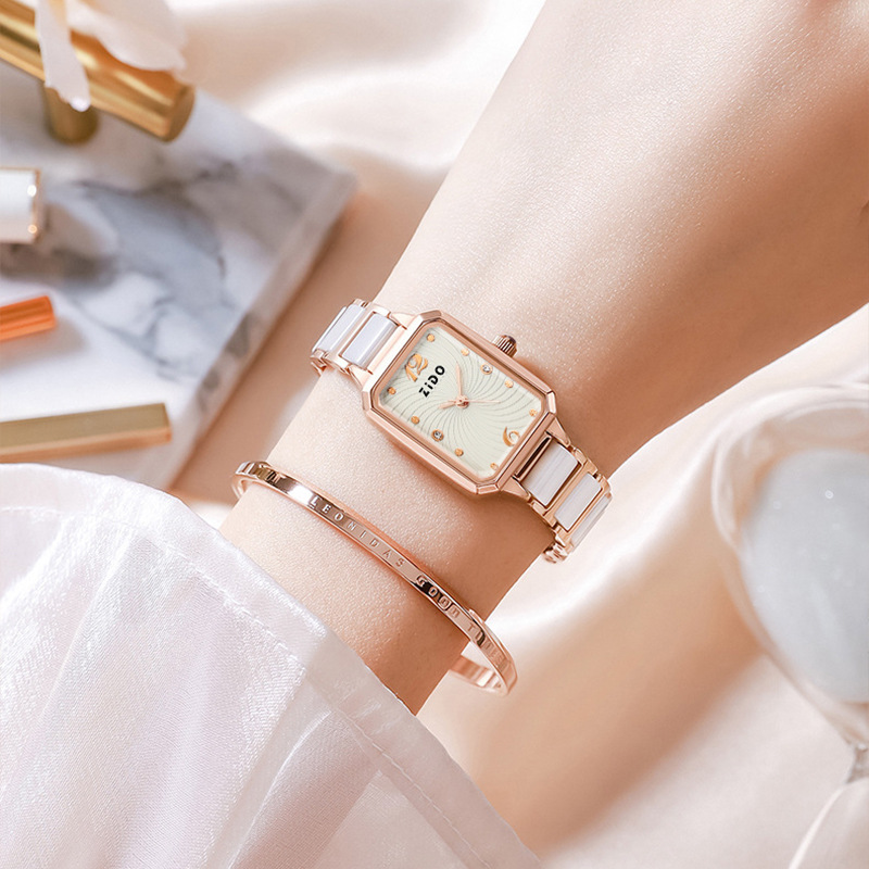 Zhidao Ceramic Small Square Popular On Fashion Live Streams, Elegant, Light Luxury, Simple Steel Strap Quartz_voghion.com