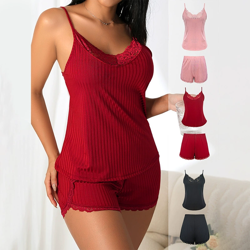 Европа и США горячие красные сексуальные пижамы женские кружева шитье внутри дамы летняя пижама оптом