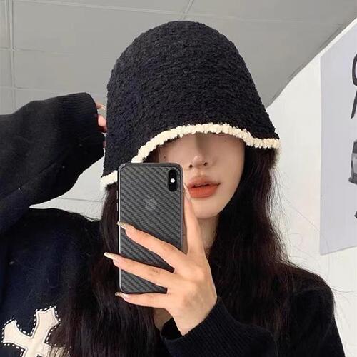 Black knitted fisherman hat for women in autumn and winter ins face-showing small bucket hat contrasting color warm large head circumference ear basin hat~