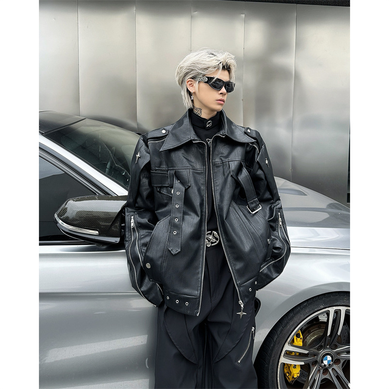 アメリカの小衆解构pu皮ジャケット男性秋vibe潮牌ゆるいデザイン感ごろつきかっこいい機関車ジャケットコート