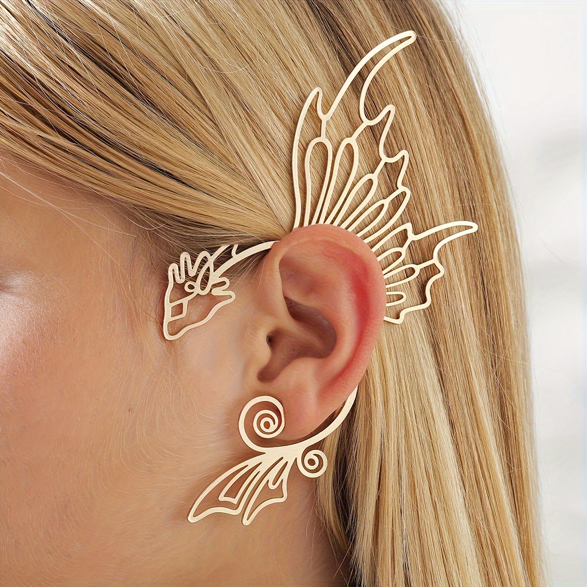Cross-Border European and American Style Hollow Dragon-Shaped Fairy Ear Clips Without Ear Piercings, Fairy-Style Ear Accessories for Fixing Hair, Elegant Matchinging Accessories