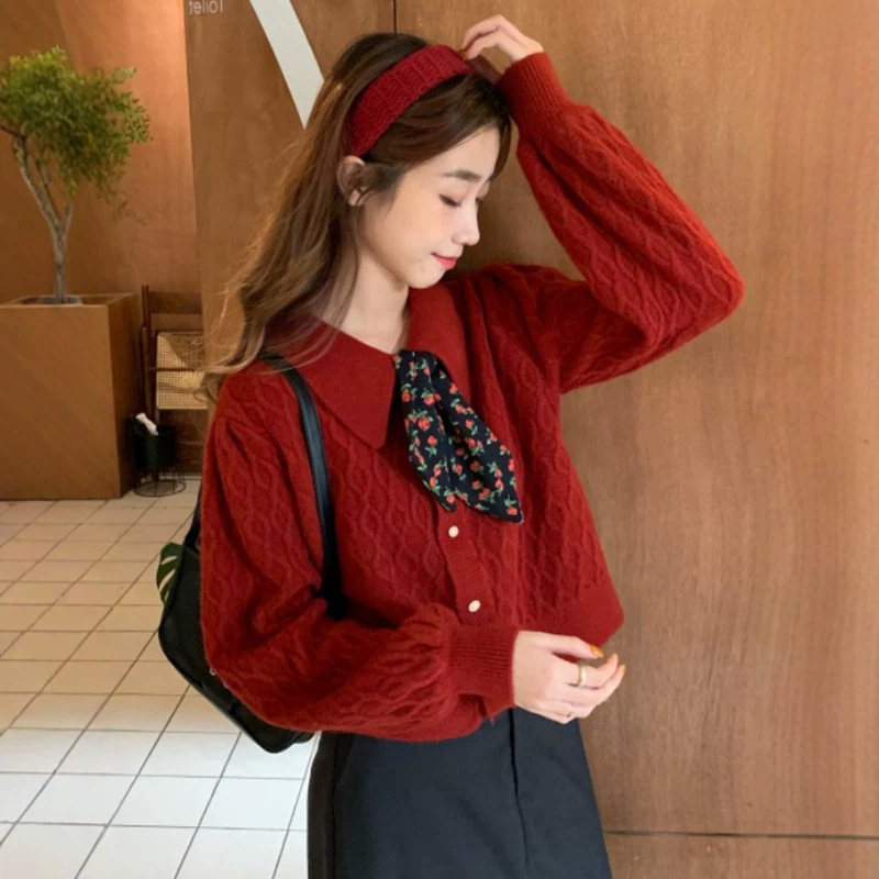 Red cable-knit cardigan, new women’s style, retro design with a turn-down collar and tie detail, autumn/winter short sweater