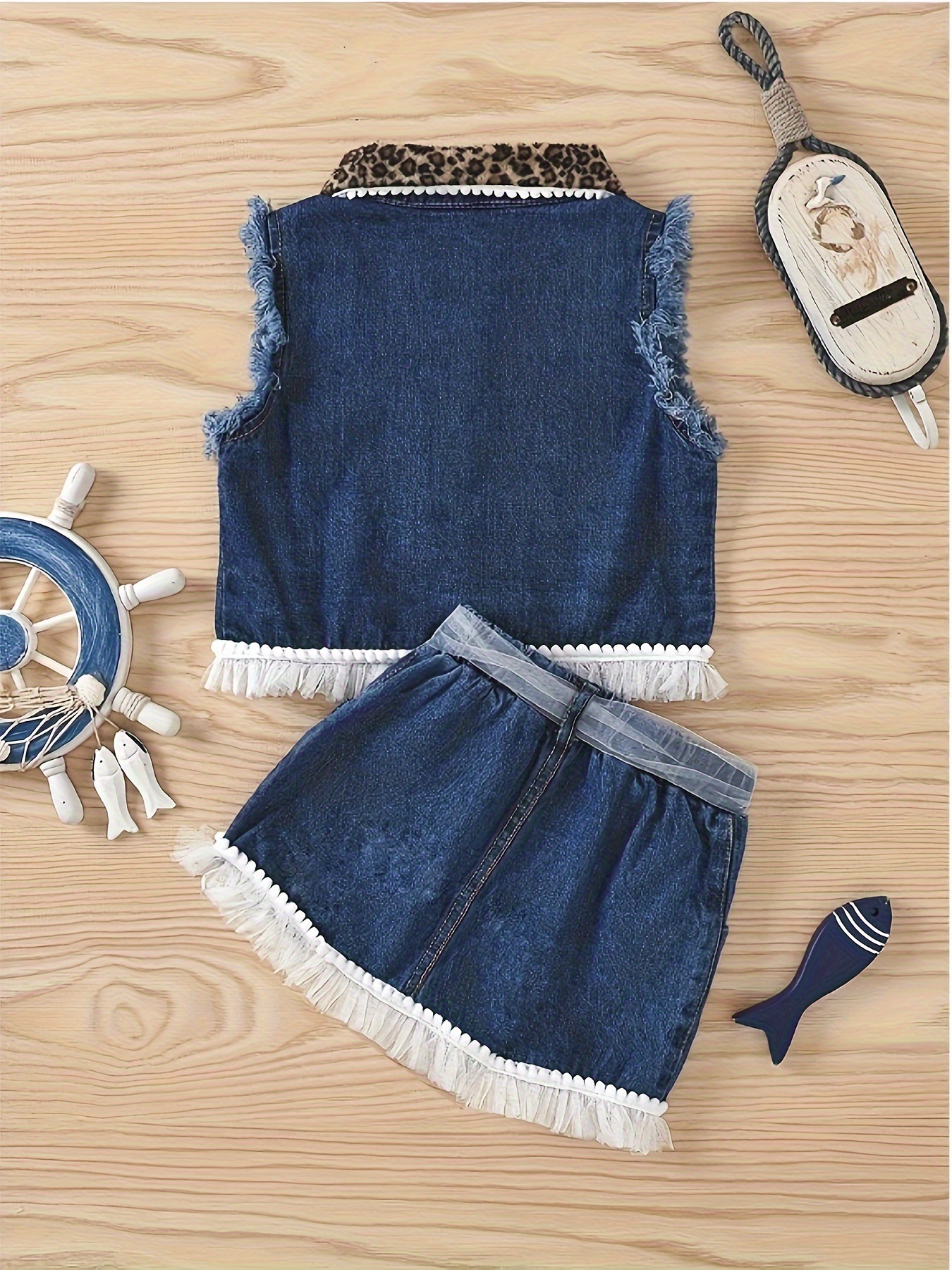 Flickset ärmlös jeansöverdel och shorts med leopardmönster_voghion.com
