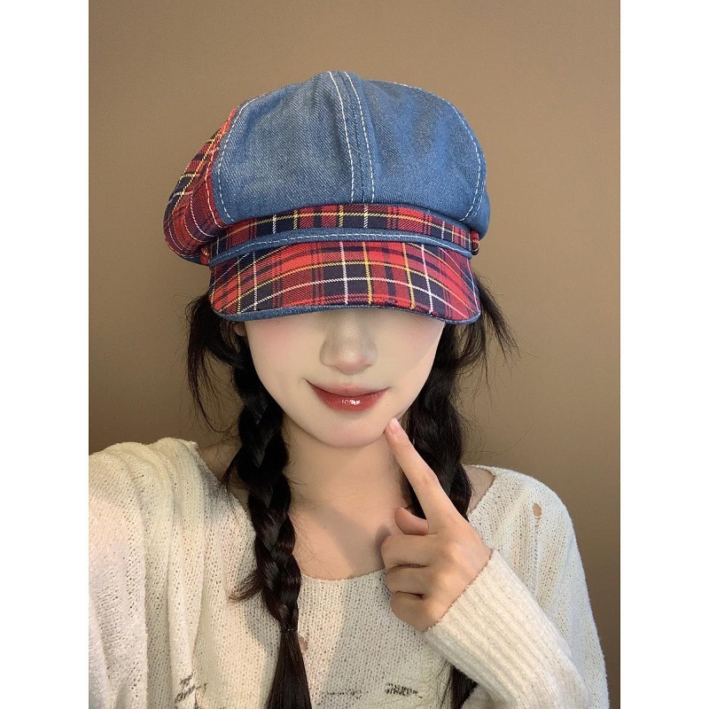 新款格子拼色八角帽子女款小众高级感画家帽复古大帽檐贝雷帽批发|undefined