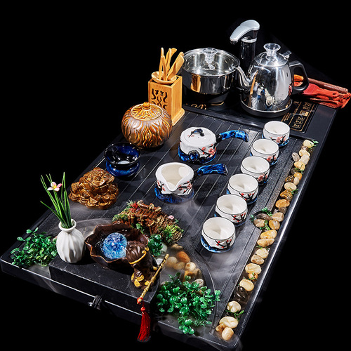 9WOR whole black gold stone tea tray set fully automatic all-in-one household purple sand tea set atomized running water fish farming