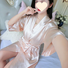 夏季冰丝浴袍睡衣晨袍丝绸睡袍一体宽松性感睡裙女士薄款家居服