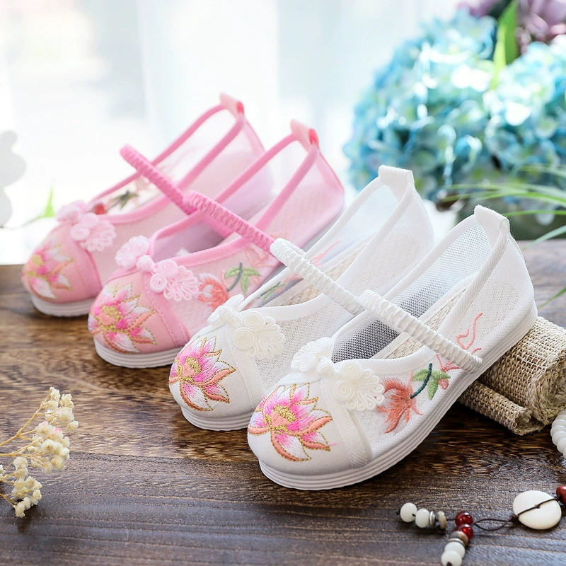 Индивидуальные туфли с вышивкой для девочек сетчатая обувь Танцевальная обувь в китайском стиле Детская обувь ханьфу сандалии в этническом стиле старинная одежда обувь Тканевая обувь