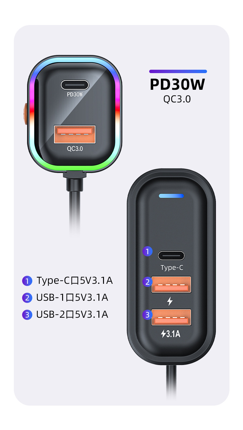 Cross-border new car charger fast charging with rear charging five-port car charger super fast charging 66W fast charging wholesale