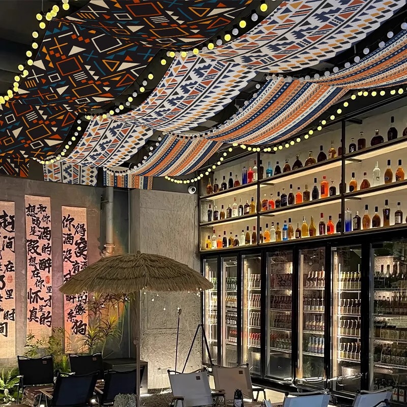 网红波西米亚风花纹布料餐厅装饰氛围吊顶天幕装饰背景长条布挂布|undefined