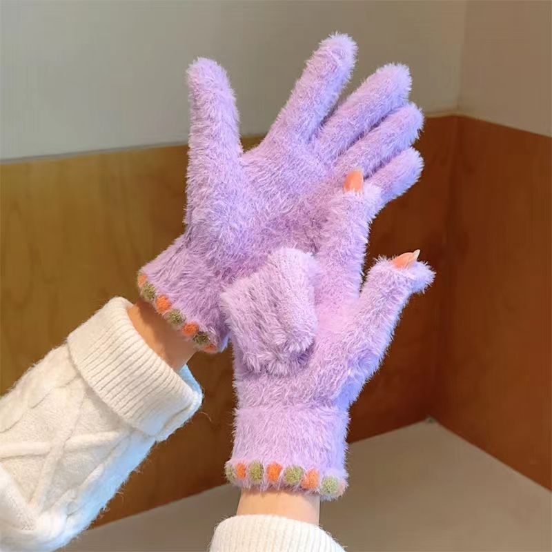 かわいい砂糖豆露指タッチパネルのぬいぐるみ手袋女性の冬の保温とベルベットの厚い自転車学生|undefined