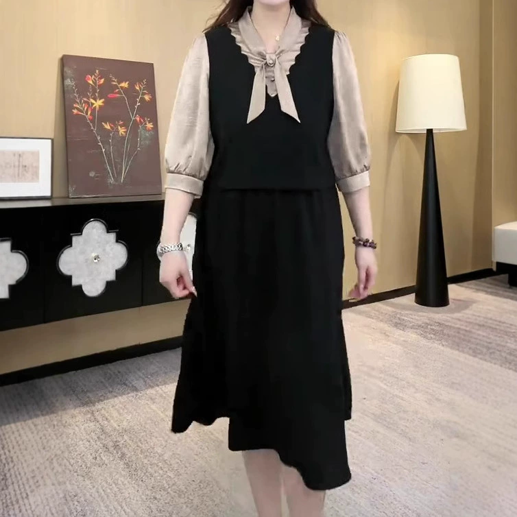 2025 новое летнее платье в европейском стиле с бантом, свободное, большого размера, повседневное, с рукавом средней длины, женская одежда