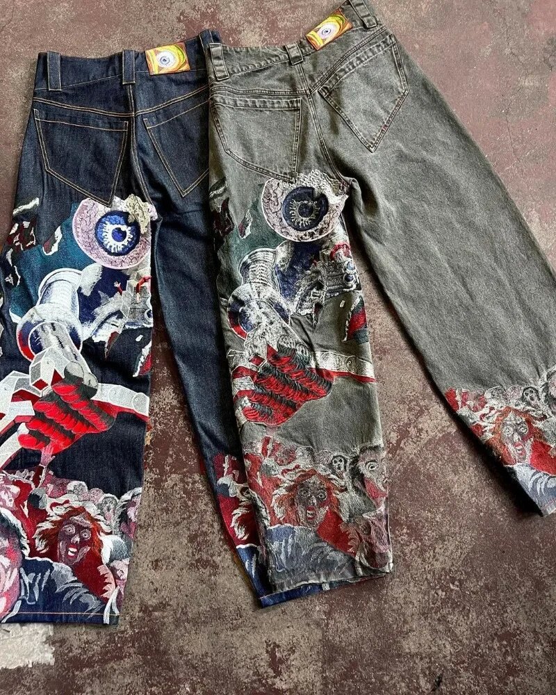 Men's Y2K Hip Hop Punk Embroidered Baggy Jeans, Heavy Duty Vintage Style Wide Leg Denim Pants Streetwear_mkmklike.com