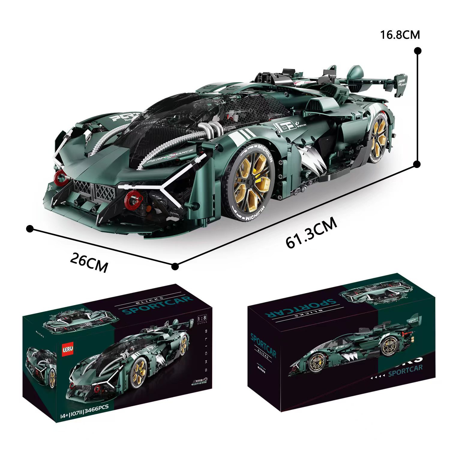 LERU10711 새로운 1:8 슈퍼 런 시리즈 3 천년 전기 도금 한정판 럭셔리카 로고 조립 된 빌딩 블록