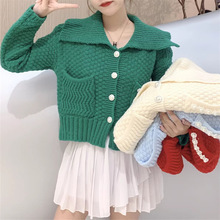 韓國時尚大翻領毛衣外套女秋季新款韓版洋氣寬松外穿釘珠針織開衫