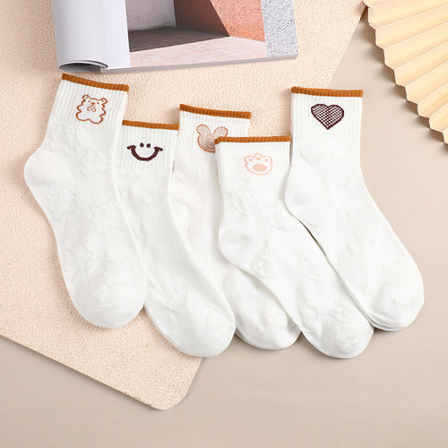 White cartoon crew socks for girls, spring and summer thin cute bear crew socks for students, trendy Japanese style short socks for girls