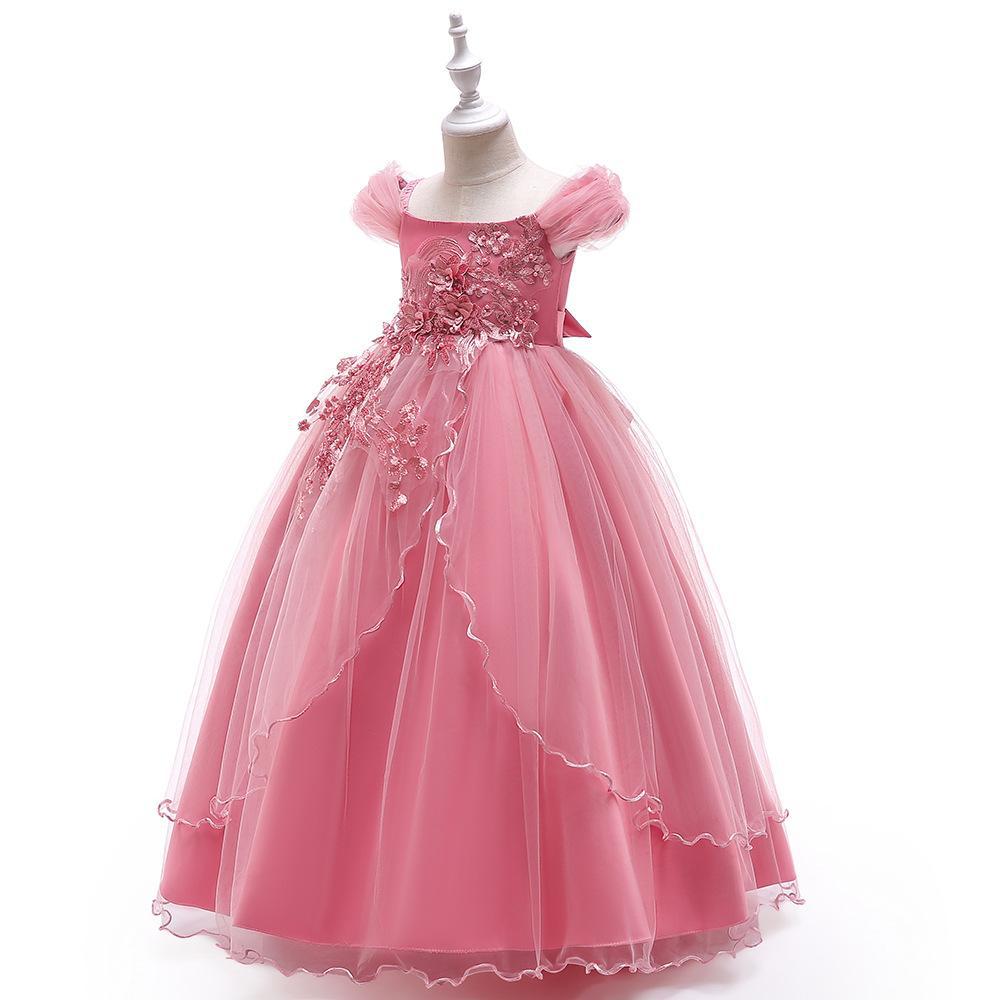 Nueva ropa infantil: vestido largo de princesa con un solo hombro, vestido largo de flores de hadas, vestido esponjoso para espectáculos.