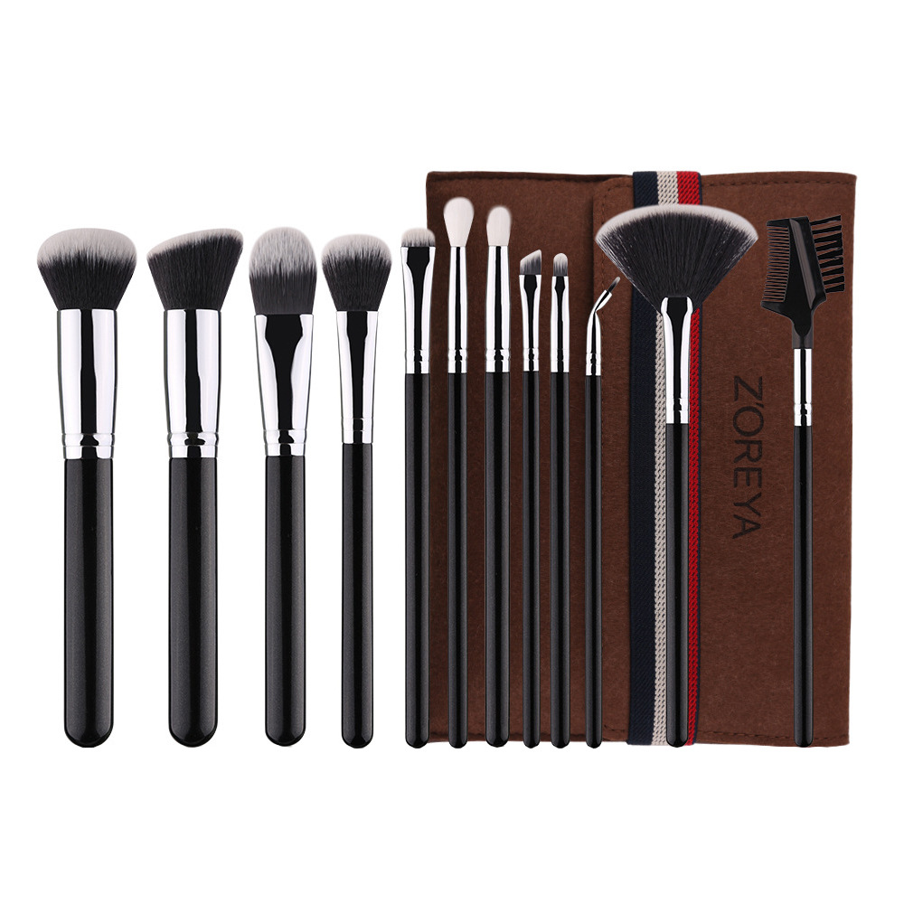 Zhuolya transfronteriza negro Mango de madera herramientas de belleza polvo suelto sombra de ojos cepillo de labios traje 12 pinceles de maquillaje conjunto completo venta al por mayor