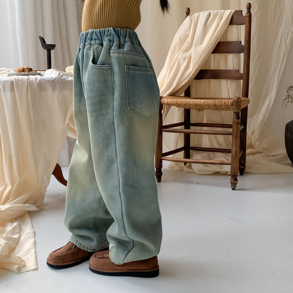 Børne 2023 vinter kvinders baby koreansk vask hvid denim bukser med lige ben børns afslappet alt-i-én plys_voghion.com