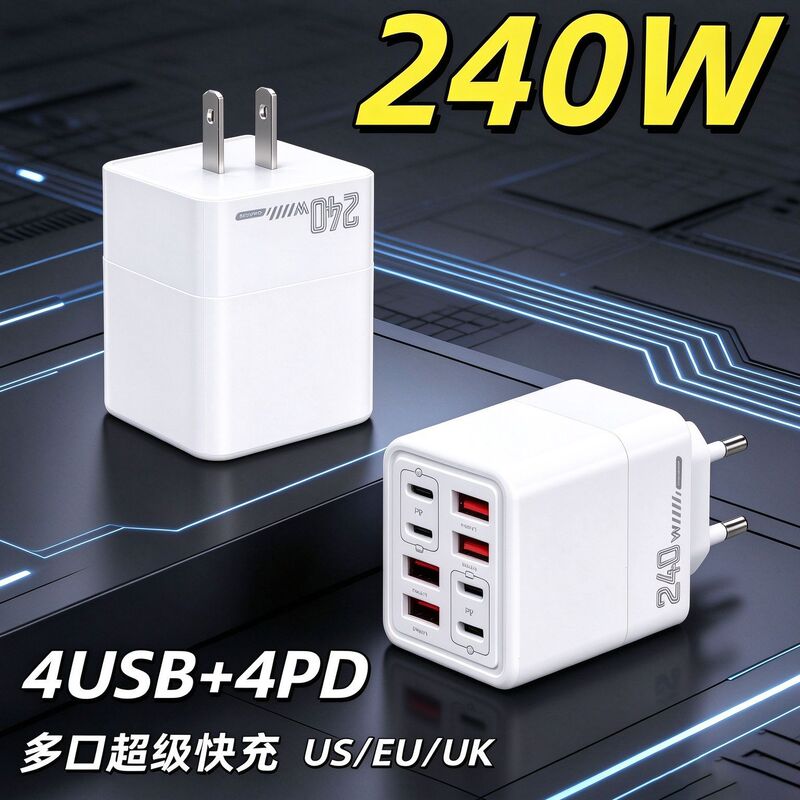 Cross-Border Hot-Selling New Model 240W Multi-Port Charger 4Usb+4Type-C European, American, and British Standard Pd Mobile Phone Adapter Cross-Border Hot-Selling New Model 240W Multi-Port Charger 4Usb+4Type-C European, American, and British Standard Pd Mobile Phone Adapter