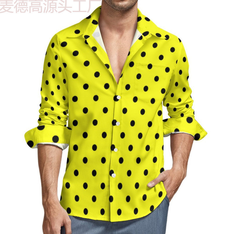 Customized New Hawaiian Beach Shirt Cross-Border Foreign Trade Men's Long-Sleeved Digital Printed Shirt Polka Dots