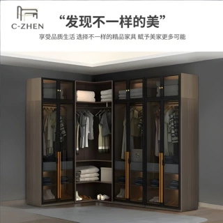 轻奢实木衣柜家用卧室现代简约玻璃走入式衣帽间衣橱梳妆台一体柜