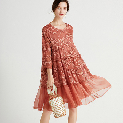 胖mm2021夏装新品欧美大码女装时尚显瘦刺绣大码雪纺纱连衣裙7939|ms
