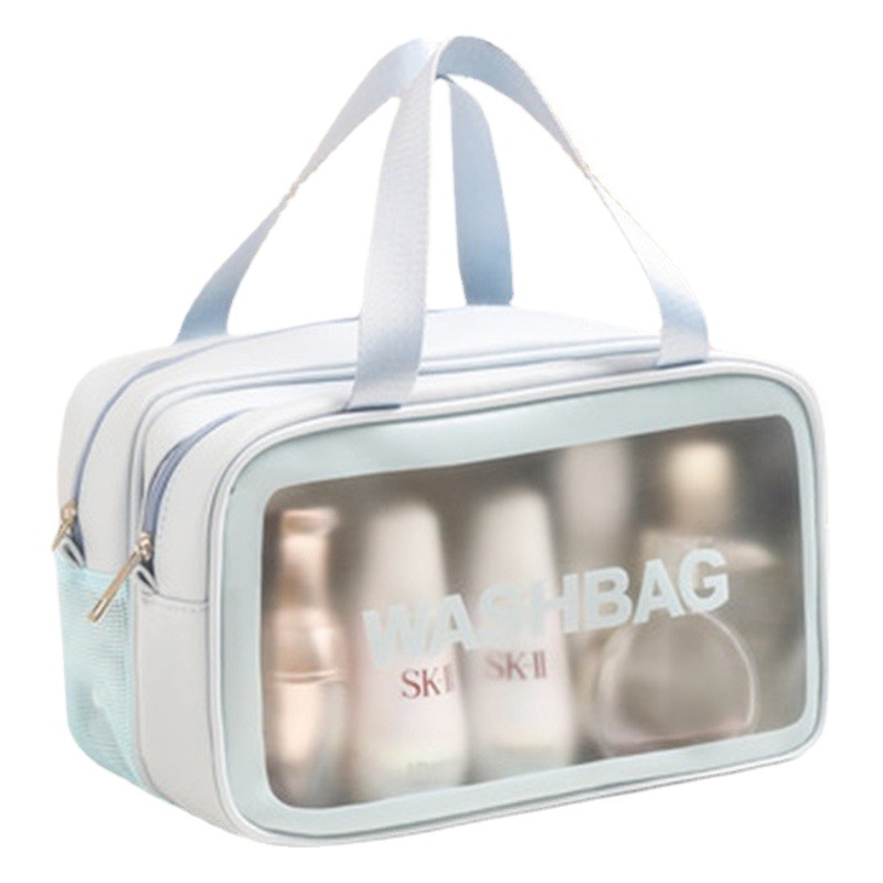 Nuevo estilo coreano de doble capa de PVC esmerilado de separación húmeda y seca bolsa de lavado de artículos de tocador portátiles y bolsa de almacenamiento de cosméticos