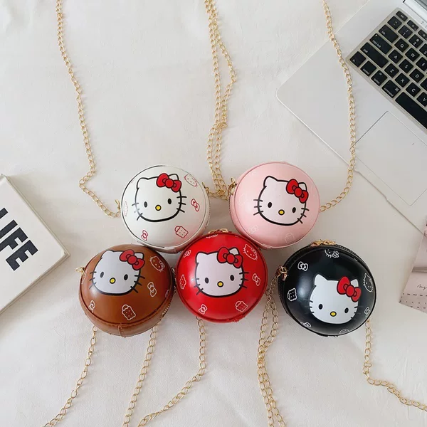 Girls' Fashionable Leather Ball Bag with Cartoon Cat Design, Children's Round Chain Mini Cute Shoulder Crossbody Personalized Coin Purse