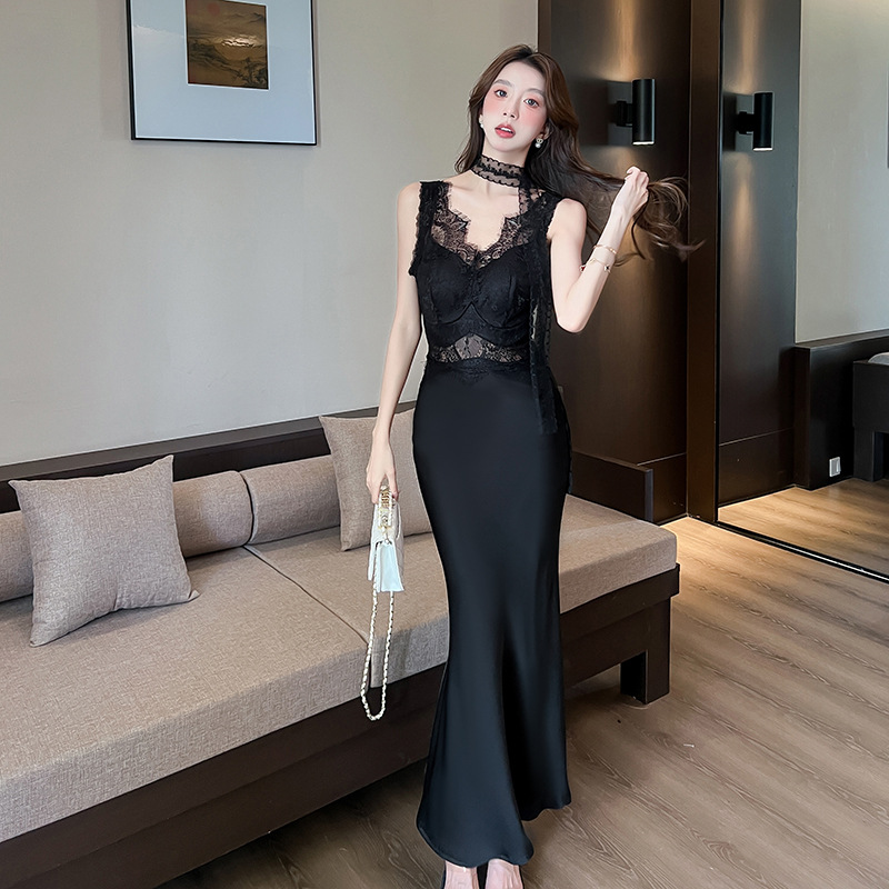 Real Shot of Lace Satin Slimming Look Elegant Black Sexy French Pure Lust Fashion Dress