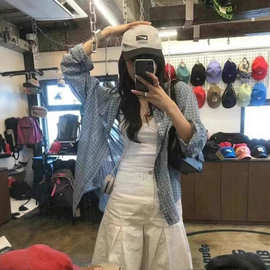 现货】韩国东大门秋季新款氛围感宽松休闲显瘦撞色格子衬衫上衣女