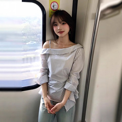 黑白条纹斜肩长袖衬衫女2025新款早秋季露肩设计小众宽松衬衣上衣